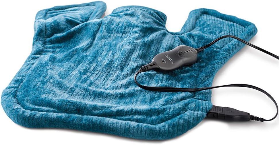 Sunbeam XL Renue Contoured Heating Pad, 25" x 25", For Neck & Shoulder Pain Relief with Auto Shut Off, Moist Heating Option, MachineWashable, Lakeshore Blue
