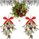 Daifunli 3 Pcs Christmas Mistletoe Hanging Decor Set 1 Artificial Kissing Ball with Bell 2 Mistletoe Ornaments Red Bow Berries Pine Cone Xmas Artificial Hanging Decor for Doors Wall Doorway Fireplaces