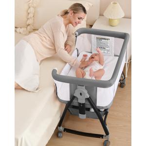 Baby Bassinet, Bassinet Bedside Sleeper with Wheels, Breathable Mesh Bedside Bassinet for Baby, Mosquito Net, Storage Basket, 6 Height Adjustable, Easy to Fold, Grey