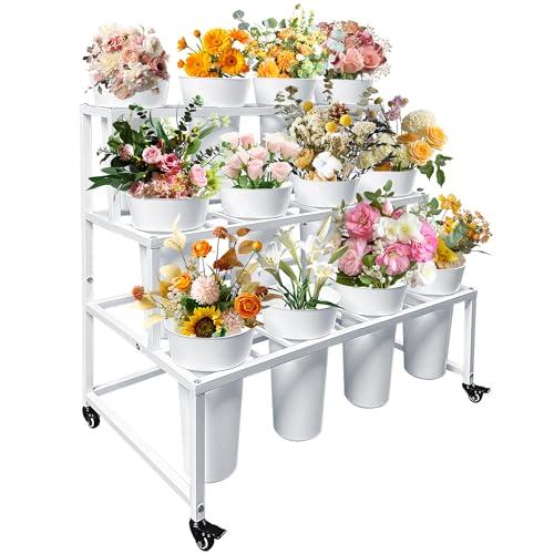 PROLEE Flower Stand with 12 Buckets, Flower Display Stand with Wheels, Flower Cart, Moving Florist Bouquet Shelf, Rectangular, White