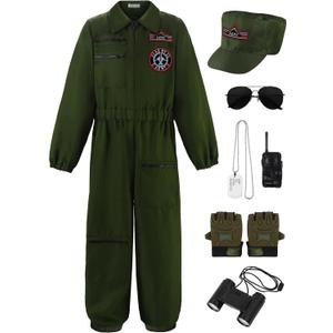 Fighter Pilot Costume for Kids Air Force Flight Suit Dress Up Halloween Career Day (12-14/160, Green(with Accessories)) Size: 12-14/160