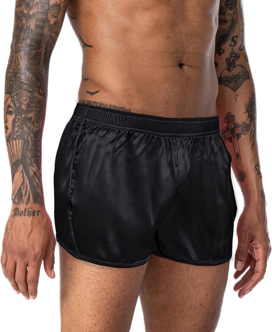 Men's 3 inch Satin Boxers Silk Satin Sleep Lounge Shorts Pajamas Bottom (XX-Large, Black)