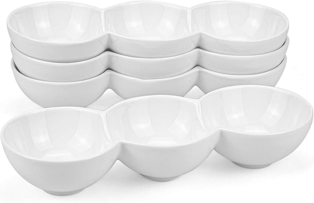 Yesland 3-Compartment Porcelain Appetizer Serving Tray - Set of 4 - White 10 Oz Triplet Bowl, Bowl Set, Perfect for Snacks, Dips, Condiments