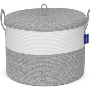 21" x 18" Extra Large storage baskets,Decorative blanket basket with lid for Living room,rope baskets with lid,wicker hamper for bedroom,Big,Round,White & Grey 115L
