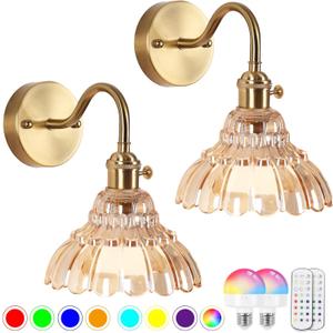 Vintage Battery Operated Wall Sconces Set Of Two, Indoor not Hardwired Brass Amber Glass Lampshade Fixtures,Rechargeable Wireless RGB Wall Lights with Dimmable Remote Control,for Bedroom Living Room Vintage Battery Operated Wall Sconces Set Of Two, Indoor not Hardwired Brass Amber Glass Lampshade Fixtures,Rechargeable Wireless RGB Wall Lights with Dimmable Remote Control,for Bedroom Living Room