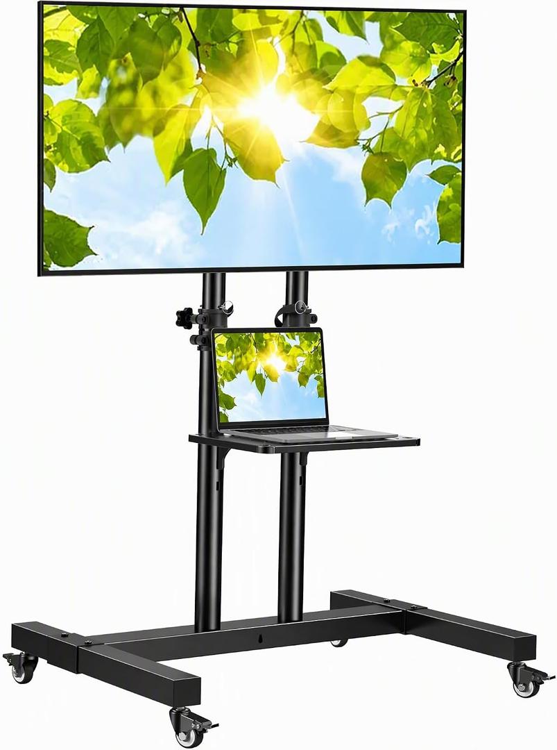 PERLESMITH Rolling TV Stand on Wheels for 32-83 Inch Screens up to 110lbs, Mobile TV Cart Height Adjustable Portable Outdoor TV Stand Tilt Rolling TV Cart with Shelf Max VESA 600x400mm PSTVMC03