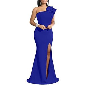 YMDUCH Women's Sexy Sleeveless One Shoulder Ruffle High Split Party Evening Long Formal Dress, Large