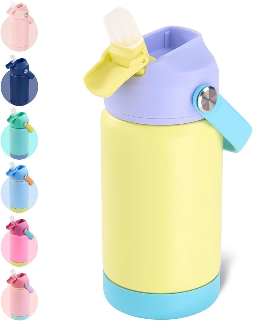 Kerilyn 12oz Kids Water Bottle, Stainless Steel Insulated Water Bottle for Kids, Toddler Cup with Straws Leak-Proof, Toddler Water Bottles for School Boys Girls, BPA Free, Cream