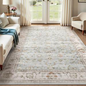 WITSHOCK 5x7 Washable Area Rug, Vintage Rug Traditional Floor Cover, Rugs for Living Room Bedroom Kitchen Accent, Non-Slip Stain Low Pile Resistant Floor Carpet, Light Blue