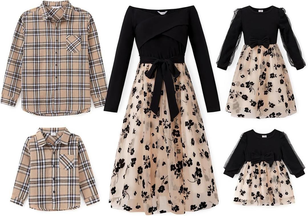 PATPAT Family Matching Outfits Set Mommy and Me Dresses Off Shoulder Midi Dress Dad and Boy Plaid Button Down Shirts (XL)