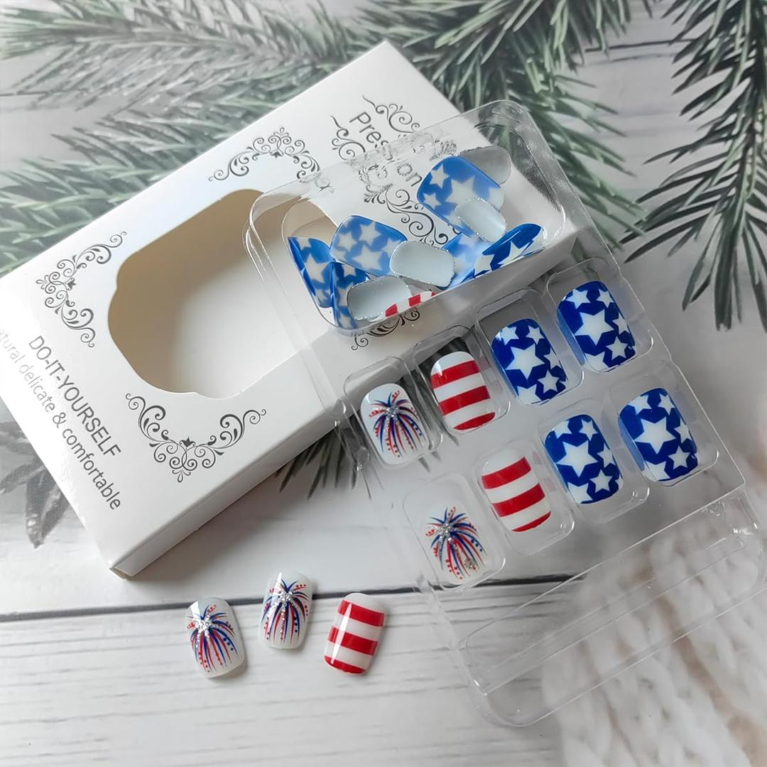 Patriotic Press on Nails Short Fake Nails Independence Day Stars Artificial Glue on Nails Red White Stripes Square False Nails Glitter Fireworks Acrylic Nails for Women 4th of July Manicure, 48 Pcs