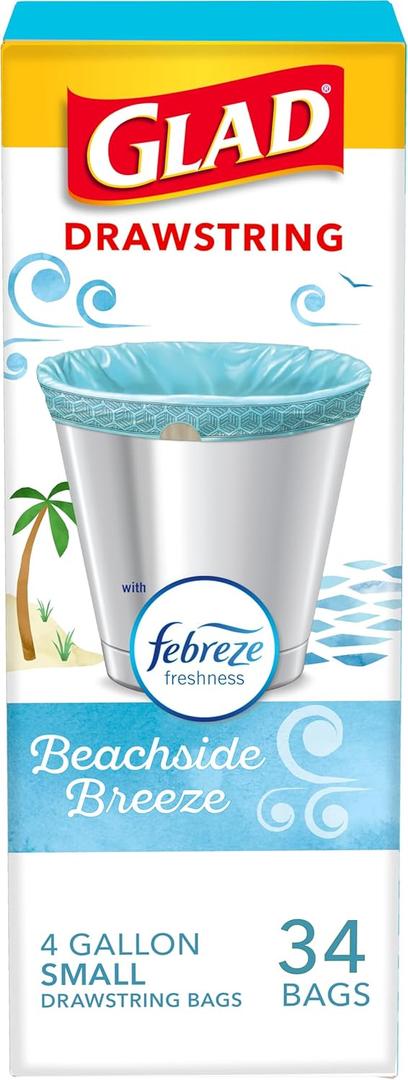 Glad Small Trash Bags 4 Gallon, Febreze Beachside Breeze Garbage Bags, Odor Resistant with Drawstring, 34 Count