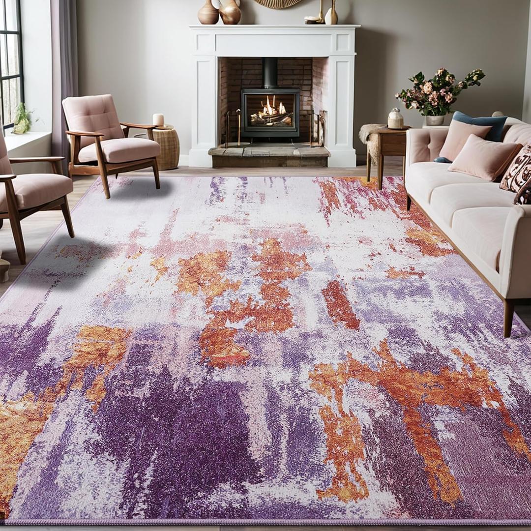 Area Rug 5x7 Washable Rugs Modern Abstract Area Rug Soft Non-Slip Non-Shedding Faux Wool Stain Resistant Floor Carpets for Living Room Bedroom Dining Room Kids Room Home Office (Purple, Multi)