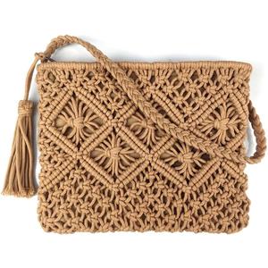 Boho Crossbody Handbag, Handwoven cotton rope Shoulder Bag, Summer Beach Clutches Bags for Women (Camel Color)