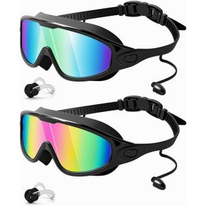 Rantizon Swim Goggles 2 Pack, Wide View Anti Fog&UV Swimming Goggles for Audlt, No Leaking Summer Gifts for Men Women Kid (Large for Adults, Aqua & Birght Rose)