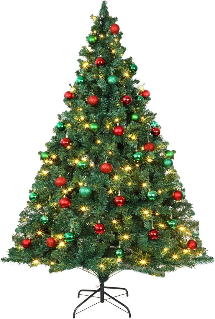 41 Pcs 7 Ft Artificial Christmas Tree with 250 LED Warm White String Lights 40 Red and Green Ball Ornaments Fake Xmas Tree with Metal Stand for Indoor Outdoor Home Office Xmas Holiday Party Decoration