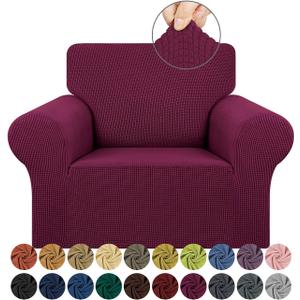 KEKUOU Stretch Single Sofa Slipcover 1 Piece Couch Sofa Cover (31"-55") Furniture Protector 1 Seater Sofa with Elastic Bottom for Kids,Pet.Jacquard Small Checked Pattern Fabric(Small,Wine)