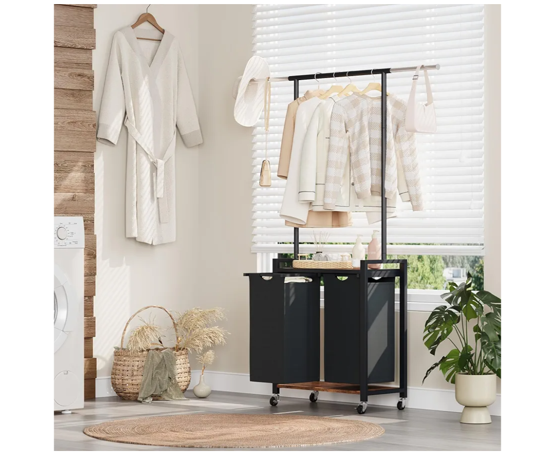 Section Rolling Laundry Cart with Hanging Rack & Utility Shelf, Laundry Sorter Hamper with Lockable Wheels, Removable Bags, Bedroom, Laundry Room, Bathroom Organizer