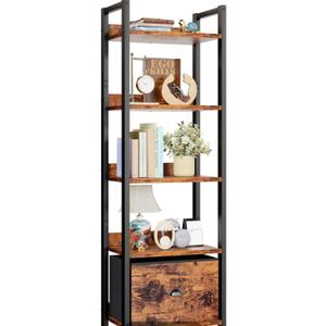 Furologee 5 Tier Bookshelf with Drawer, Tall Narrow Bookcase with Shelves, Wood and Metal Bookshelves Storage Organizer, Industrial Display Standing Shelf Unit for Bedroom, Living Room, Rustic Brown