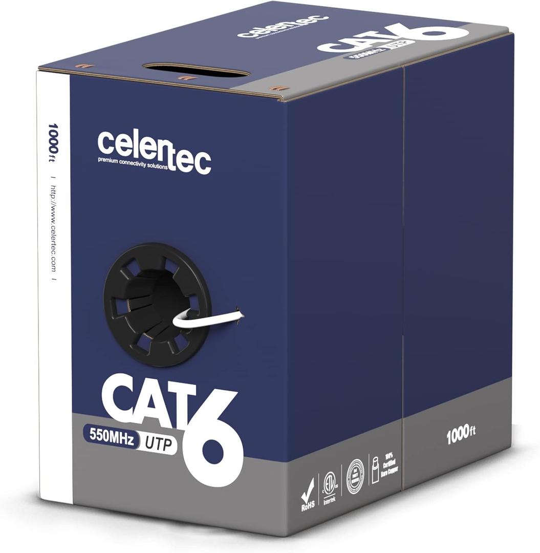 celertec CAT6 Ethernet Cable, 1000ft, 23AWG Solid Bare Copper, Unshielded Twisted Pairs(UTP), 550MHz, ETL Listed &CMR Riser Rated, Indoor, Bulk Ethernet Cable, Pull Box - White