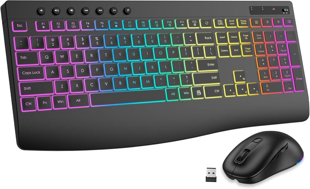 Wireless Keyboard and Mouse Combo, 9 Backlit Effects, Rechargeable 4000mAh Backlit Keyboard with Wrist Rest, 6 Button Mouse, 2.4G Full Size Quiet Keyboard Set for Computer, PC, Laptop, Mac, Windows (Black)