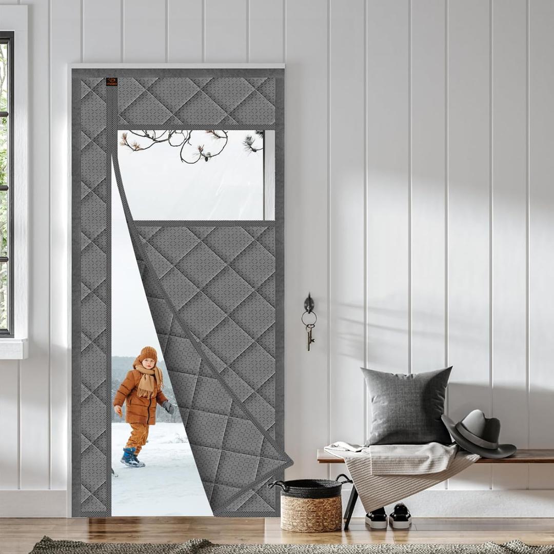 WochiTV Magnetic Thermal Insulated Door Curtain Fits Door Size 34" x 80", Durable Waterproof Cloth, Polyester Fiber Filling, Weatherproof, Windproof, Reduce Noise, Visible Panels, Side Opening, Gray (Side Open-Gray-V)
