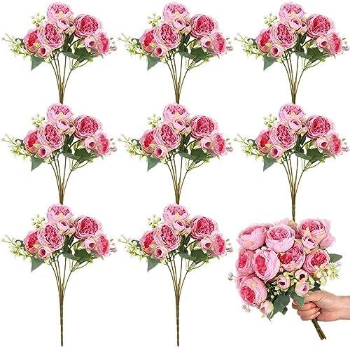 Crowye 8 Bundles Artificial Peonies Realistic Flowers with Stems Bouquet Peonies for Table Centerpieces Wedding Decoration Bridal Floral Arrangement (Dark Pink)