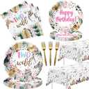 APOWBLS Two Wild Birthday Decorations Girl Tableware - Safari Jungle Animal 2nd Birthday Plates Napkins Party Supplies, Paper Plates, Napkins, Tablecloth, Disposable Forks | Serves 24