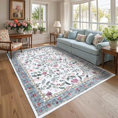 GarveeHome 8x10 Washable Floral Distressed Rug, Vintage Farmhouse Area Rug for Living Room, Non-Slip Low Pile Soft Carpet for Nursery Bedroom Dining Room Home Office, Light Blue