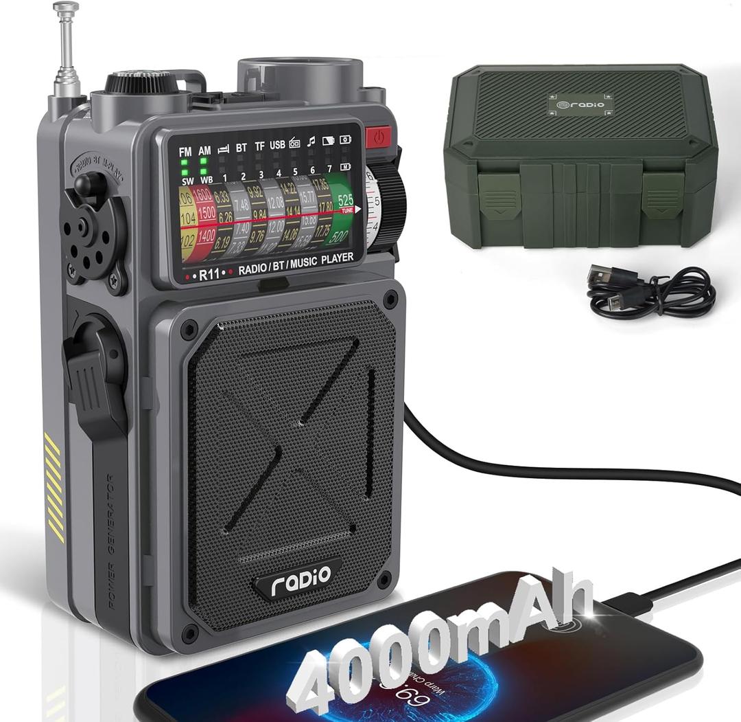 R11 Portable Shortwave Radio - 4000mAh/14800mWh NOAA/SW/AM/FM, Solar/Hand Crank/USB Charging, Bluetooth Receiver/USB/TF Playback,with Compass,Flashlight,SOS for Camping & Emergencies - Grey