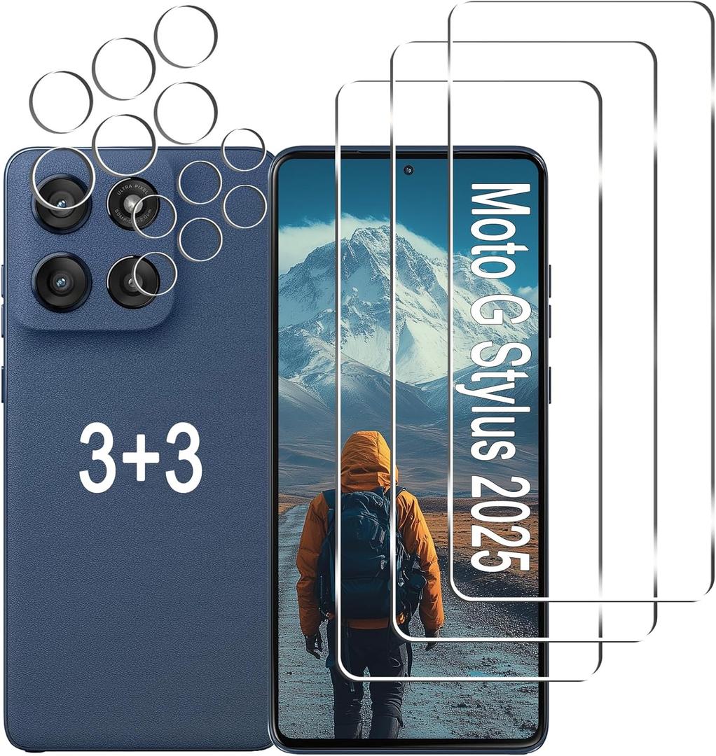 [3+3 Pack] Moto G Stylus 5G 2025 Screen Protector + Camera Lens Protector, 9H Hardness, Anti Scratch, Easy Installation, Bubble Free, HD Tempered Glass for Motorola Moto G Stylus 2025