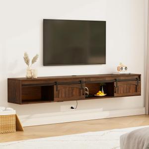71" Floating TV Stand with Power Outlet, Farmhouse Wall Mounted Entertainment Center for 75 inch TV, Floating Media Console Shelf with Sliding Barn Doors for Living Room, Bedroom, Rustic Brown