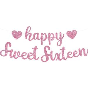 BEISHIDA Pink Glitter Happy Sweet 16 Birthday Banner, Pre-Strung Glitter Happy 16 Birthday Decoration for GirlsHappy 16th Birthday Sign for Women, Girls
