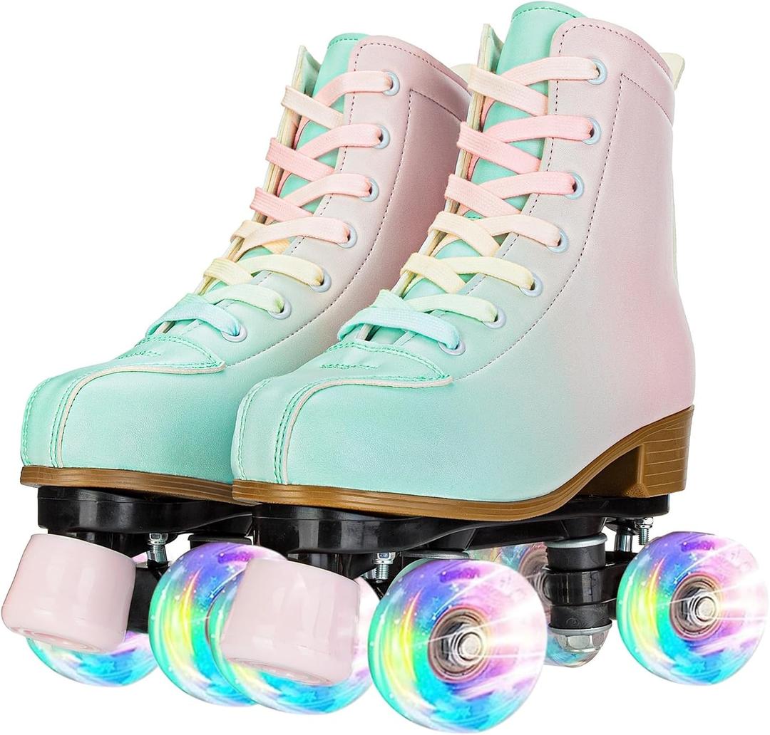 YYW Roller Skates for Girls and Women, Fantastic Gradient Pink and Green PU Leather Light Up Kids Youth Roller Skates, Indoor Outdoor (38-US Women 8)