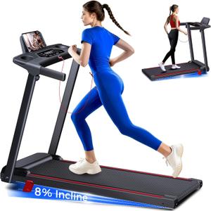 Treadmill with 8% Incline, Walking Pad Treadmill with Handle Bar, Portable Folding Treadmills forl Running and Walking, 3.0HP Brushless Motorized, 5 Layers Shock-Absorbing