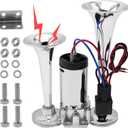 12V 600DB Upgraded Train Horn for Truck, Super Loud Electric Air Horn Kit with Compressor for Car, Impact Train, Lorry, Pickup, Boat, Motorcycle, Electric Horn Blows Loudly, SUV, Polished Silver