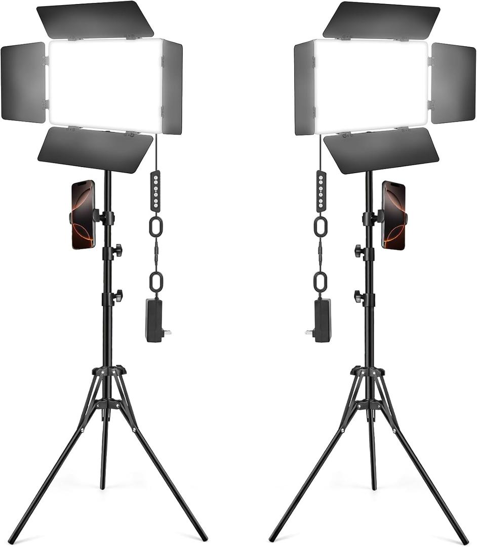 2 Pack LED Video Light Kit with Barn Door, Kewaiaa 30W Photography Light Panel with Stand, 3000Lux 2500K-8500K Dimmable Studio Lights for Video Recording/Filming/Photoshoot Shooting/Live Streaming