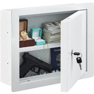 Zonon In-Wall Safe with Key Lock, Small In-Wall Hidden Safe Galvanized Steel Box Lockable Wall Compartment Secure for Money Jewelry at Business or Home 15.7-inch Width(White,15.7 x 12 x 4 Inch)