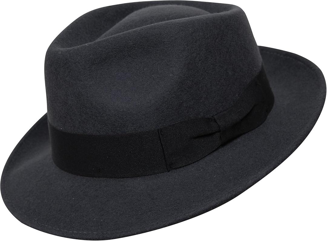 Premium Doyle - Teardrop Fedora Hat - 100% Wool Felt - Crushable for Travel - Water Resistant - Unisex (7 1/4-7 3/8, Dark Grey)