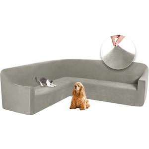 ALIECOM L Shape Couch Covers Velvet Stretch Sectional Corner Sofa Cover Washable Soft Thick U Shaped Sofa Slipcovers for Dogs Pets Magic Furniture Protector with Non Slip Foam (Khaki, X-Large)