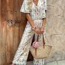 WDIRARA Women's Boho Floral 2 Piece Palazzo Pants Set Short Sleeve Blouse (Blue)