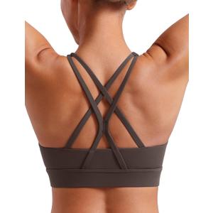 POSHDIVAH Women's Mid-Impact Sports Bra with Removable Padding - Criss Cross Back for Yoga, Running & Gym Workouts (Medium, Brown)