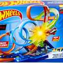 Hot Wheels Track Set with 4 Loops, 3-Way Crash Zone & Motorized Booster, Folds for Storage, with 1:64 Scale Toy Car