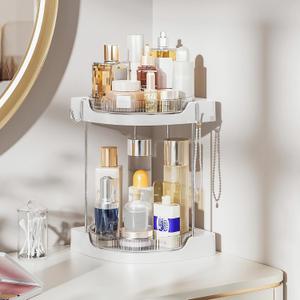 Delamu Bathroom Counter Organizer, Rotating Makeup Organizer Countertop, Easy to Install, Ideal for Bathroom Storage, Vanity, Perfume, Large Skincare Items, Present, and More, White