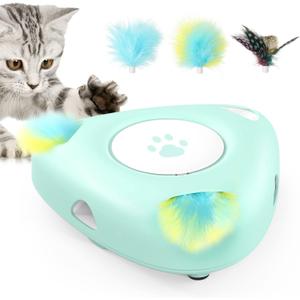 Pawaboo Interactive Cat Toys, Automatic Cat Exercise Teaser Toy with 3 Replacement Rotating Feathers, Automatic Electronic Rotating Teaser Kitten Toy for Indoor Cats, Kitty, Pet - Lake Blue