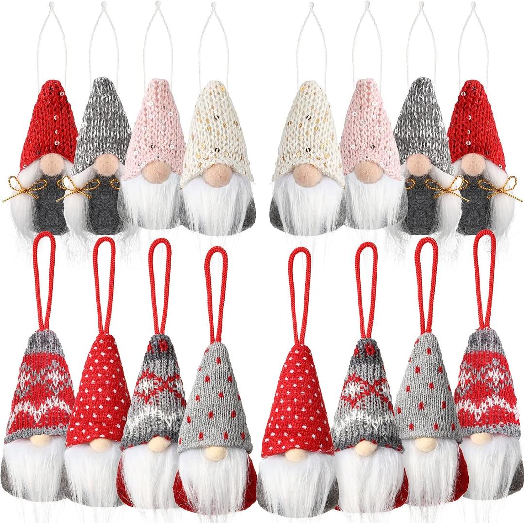 Vinsot Set of 16 Christmas Tree Gnome Ornaments Handmade Hanging Swedish Plush Gnomes Santa Elf Christmas Tree Decorations Scandinavian Elf Ornaments with Hat Beard for Xmas Home Decor, 8 Style