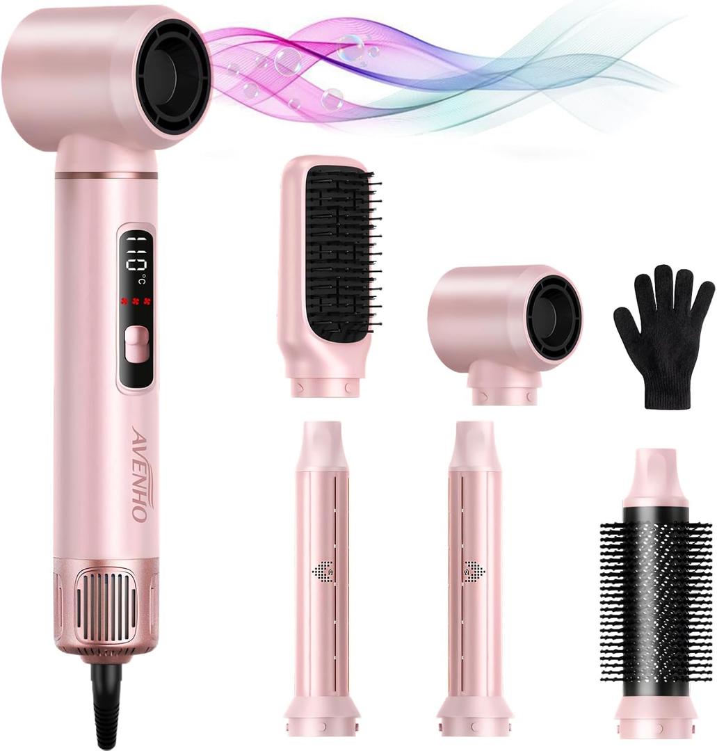 5 in 1 Hair Styler for Woman with LEDAir Curling Wrap, Drying, Curling, Straightening & Volumizing, Hot Air Curler Dryer Brush Tool Set, Curl Styling Tools - Blush