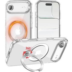 for iPhone Air Case Clear with 360Spin Magnetic Stand, Compatible with MagSafe, Military-Grade Slim Protective Cover Kickstand & Ring Holder,17 air Transparent 6.5"