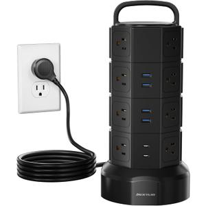 Power Strip Tower Surge Protector, JACKYLED 16 Outlets 6 USB (2 USB C) Charging Station, Extension Cord with Multiple Outlets, 1050J 1625W/13A Outlet Extender 6.5ft Extension Cord for Home Office