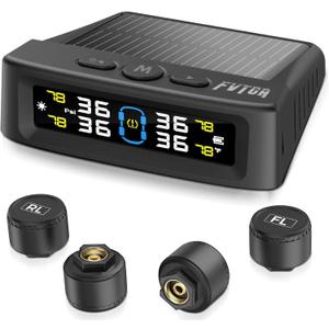 Tire Pressure Monitoring System - TPMS with Solar and USB Charger, 4 Tire Sensors and 6 Alarm Modes, Auto on/Off and Voice Prompt, TPMS with Color LCD Screen, for RV, Sedan, SUV, MPV, etc (0-87 PSI)